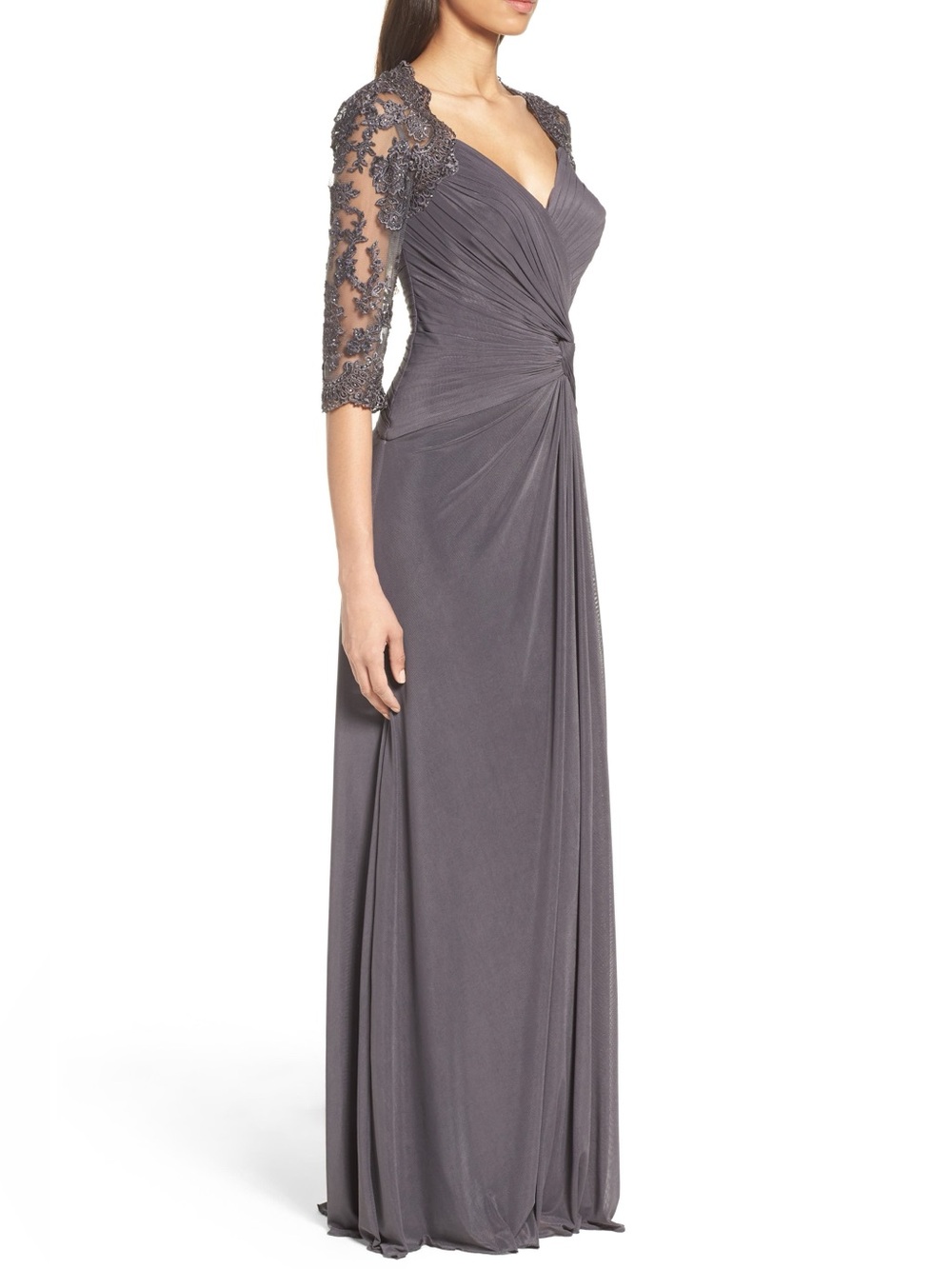 La Femme Slate Gray Ruched V-Neck Evening Gown with Lace Sleeves